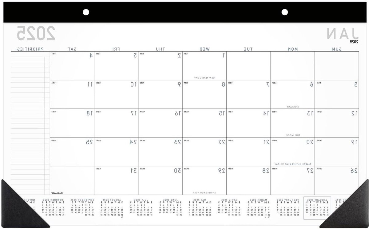 Bureaukalender 2025 - Maandelijkse planner - Jaar doorplannen - Met prioriteiten sectie - 45.7 x 28 cm - Wit