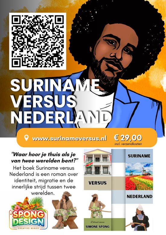 Boekomslag met een man met afro, tekst SURINAME VERSUS NEDERLAND, prijs en website.