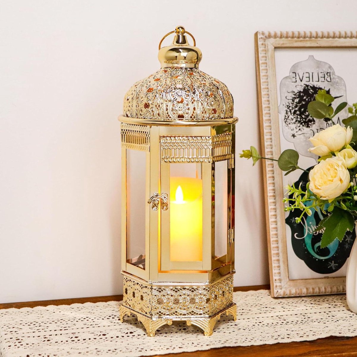 Decoratieve Lantaarn - Kaarsenhouder Hangend - Sfeerverlichting Buiten - Met Gehard Glas - 3 Inch Diameter - Metaal