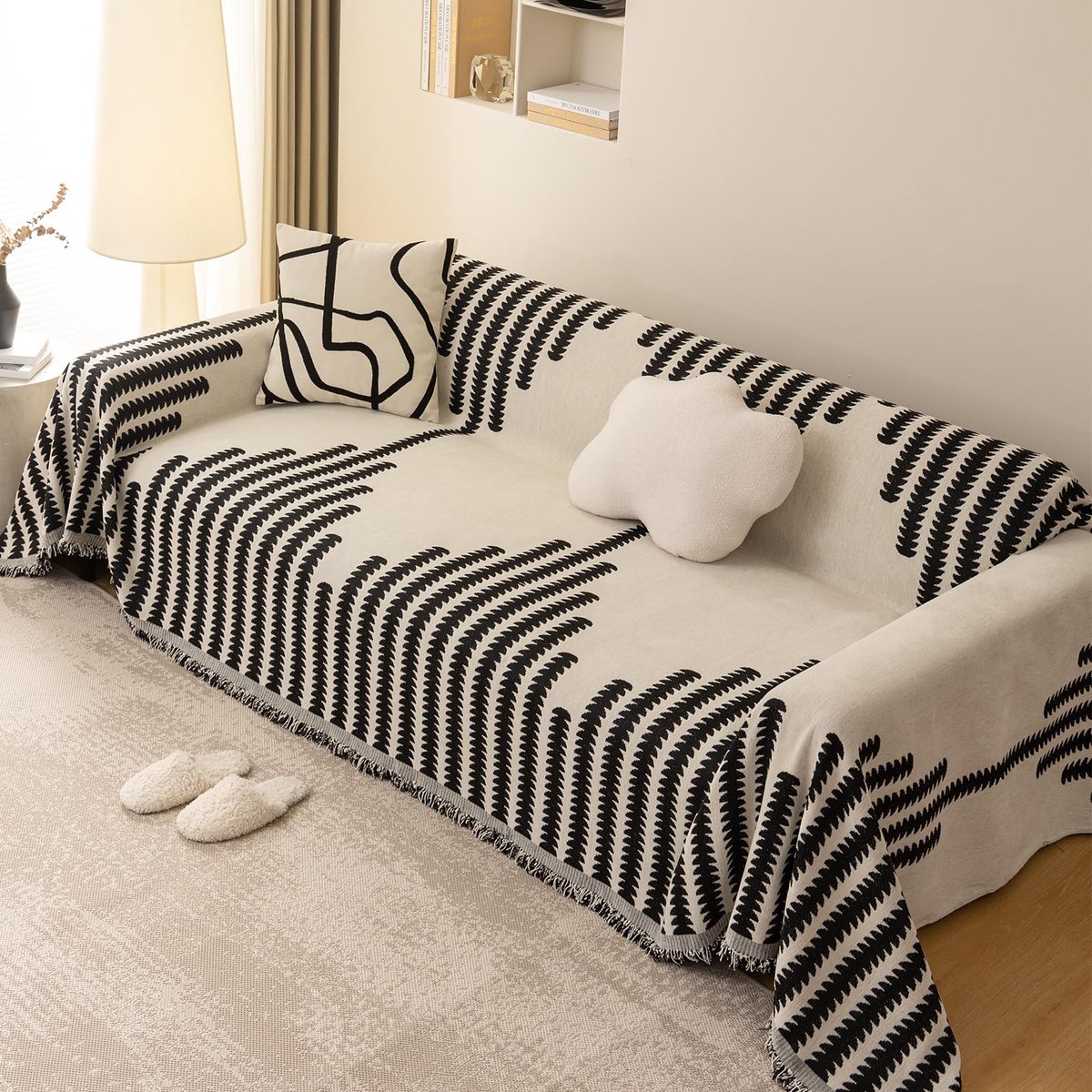 zachte plaids, chenille grote sofa deken met kwastjes voor 2-, 3- en 4-zits, jacquard patroon settees gooien voor bank, fauteuil en bed 180 x 420 cm-zwart