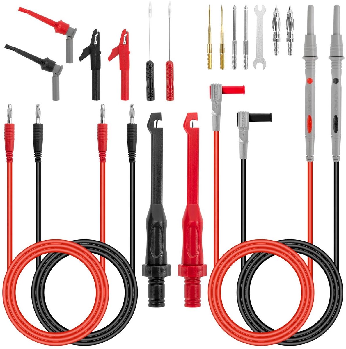 Multimeter Testkabels - Meetkabels Krokodillenklem - Elektrisch Onderhoud - Verwisselbare Sondepunten - 1 meter kabellengte - Zwart Rood