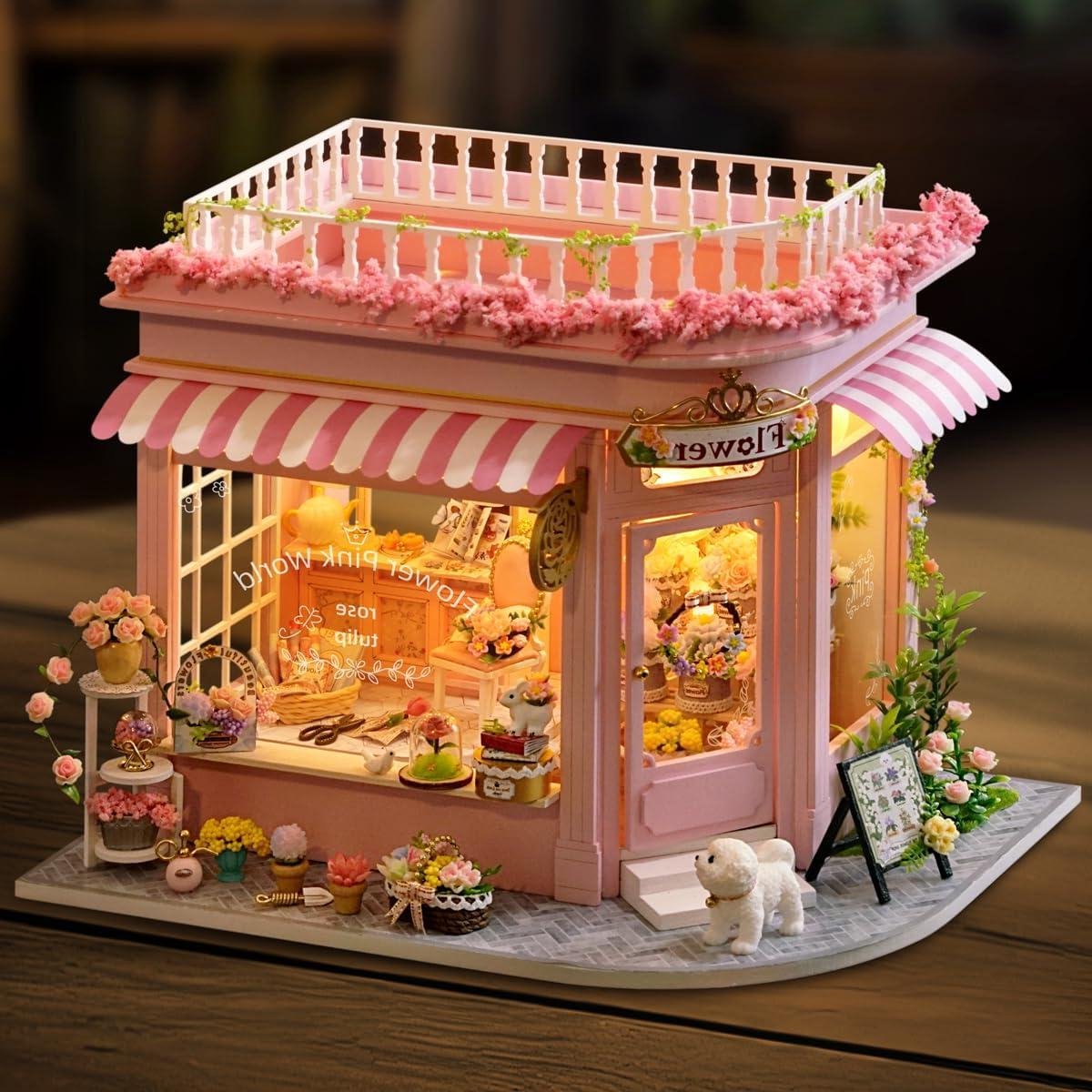 Poppenhuis Bouwset - Miniatuur Huis - Creatief Hobbyen - Gedetailleerd Ontwerp - 24 x 17.7 x 19 cm - Roze