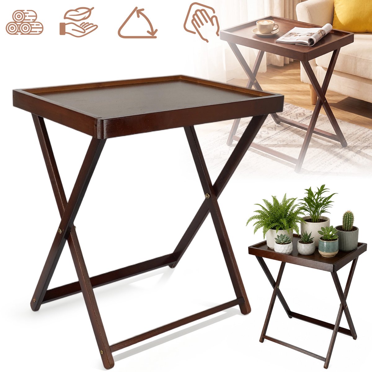 CHOOLY Houten Klaptafel Van Gemiddelde Grootte - Natuurlijk Hout Opvouwbaar En Draagbaar - Voor Tuin Binnenplaats Terras Balkon En Kamperen - 40x30x44 cm