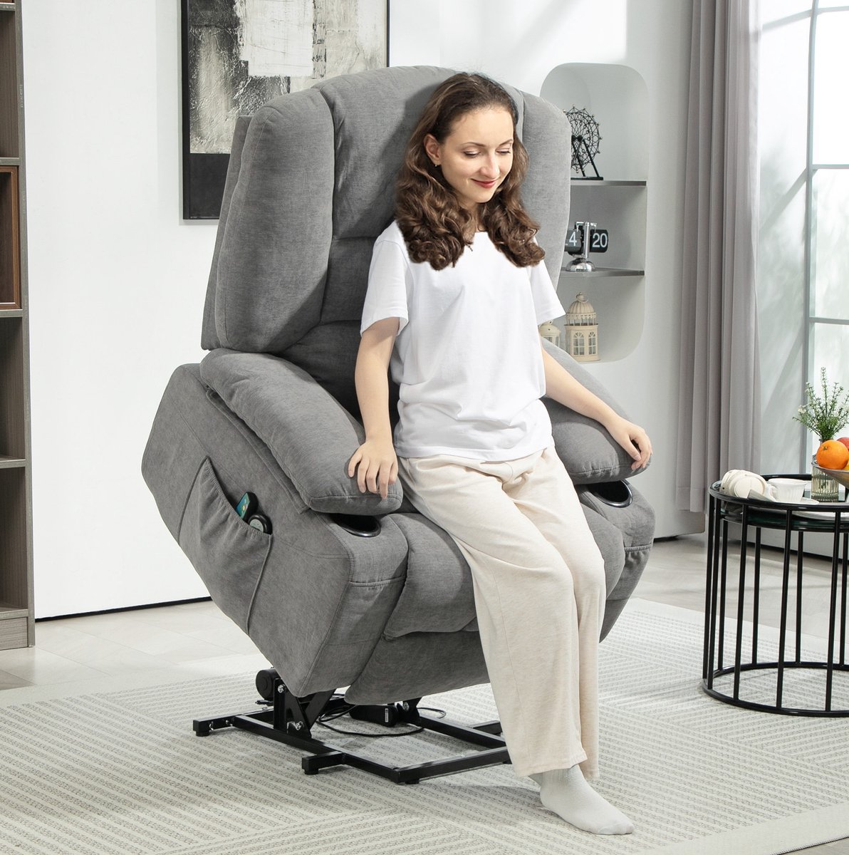 MEUNIQ elektrische sta-op relaxfauteuil met ligfunctie, massage- en verwarmingsfunctie, afstandsbediening en zijvakken, fauteuil voor woonkamer, donkergrijs