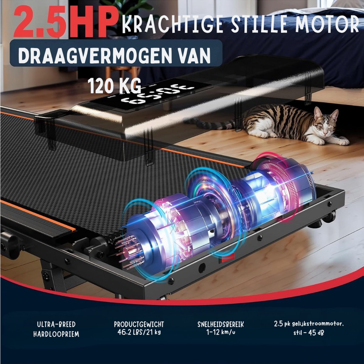 KAD® Loopbanden Voor Thuis - Compacte Hardloopband - Fitnessapparatuur voor Thuisgebruik - Zwart - 112cm x 57cm x 94cm thumbnail 8