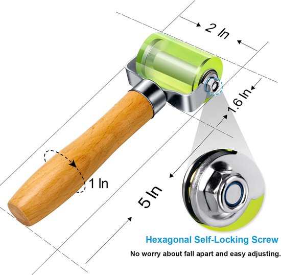 Afmetingen van aandrukroller met groen rolwiel en houten handvat; zeskant schroef.