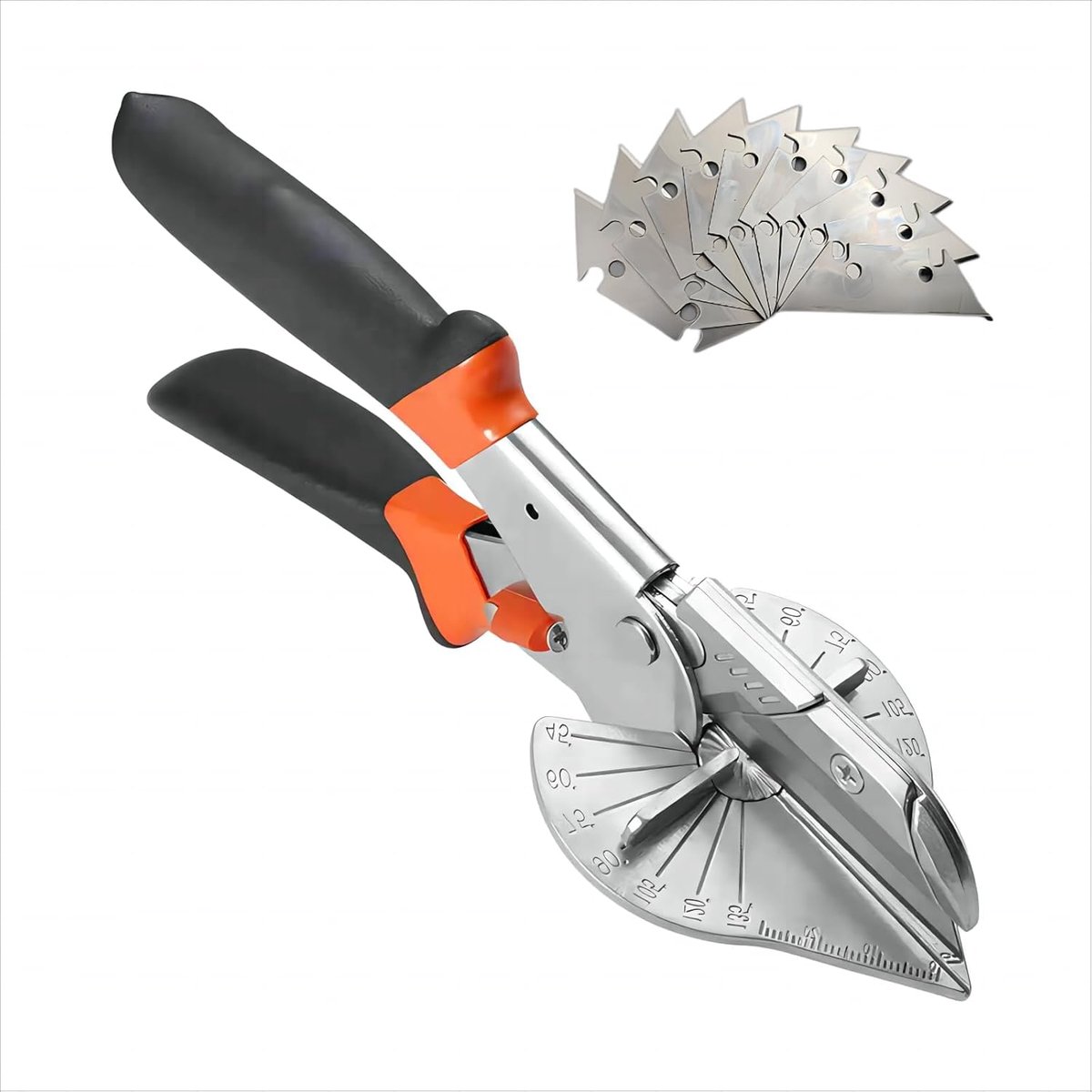 Multi-hoek verstekschaar - Verstekschaar - met 10 Reservemessen - SK5 Staal - 45° tot 135° Verstelbaar - Oranje/Zwart - Multi-Hoek Schaar voor PVC en Hout - Ergonomische Handgreep - Precisie Verstektang - DIY Gereedschap