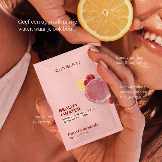 Cabau - Beauty+Water Sachets – Pink Lemonade – 14 Self-care Sips met vitamine C, B3, hyaluronzuur & zink – ondersteunt huid, haar en nagels – suikerarm en laag in calorieën (14 x 5 gram)