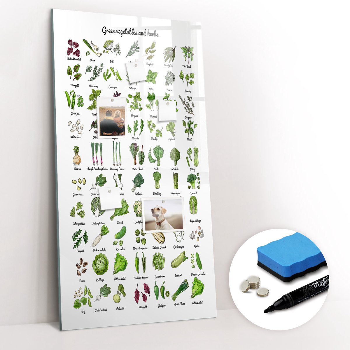 Tulup Whitebord - Groene groenten - 60 x 120 cm - Wit Magnetisch Bord - Gratis 5 Sterke Magneten + Whiteboard Marker & Wisser - Scandinavisch Design Bord - Memo Bord - Planning Muur