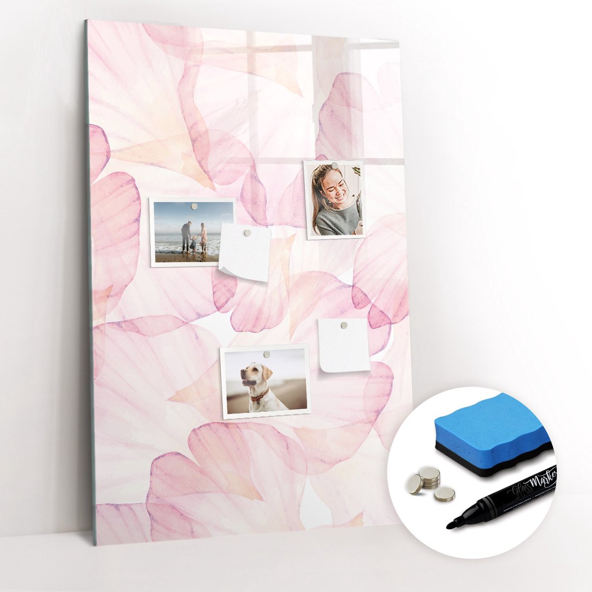 Tulup Whitebord - Aquarel bloemblaadjes - 60 x 90 cm - Roze Memo Bord - Gratis 5 Sterke Magneten + Whiteboard Marker & Wisser - Design Memobord - Magneetbord Design - Inspiratiebord Kantoor