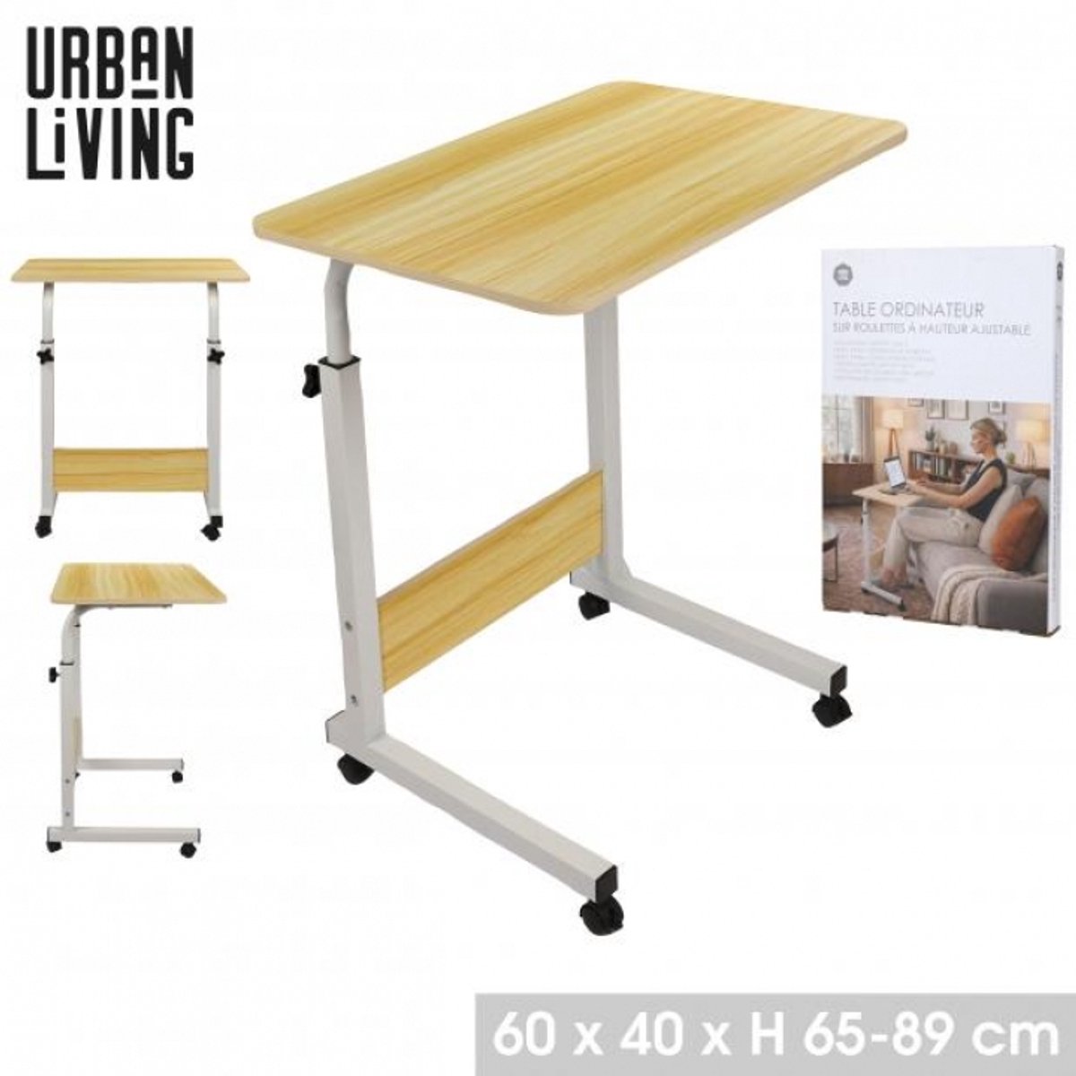 PRATIK Verstelbare Computertafel met Wielen – Laptoptafel – Bijzettafel – 60 x 40 cm – Hoogte Verstelbaar 65-89 cm – Wit