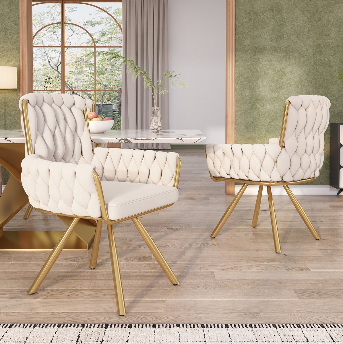 DESMIU Eetkamerstoel Set Van 2 - 360° Draaibaar Met Armleuningen En Hoge Rugleuning - Voor Eetkamer En Woonkamer - Velvet - Beige