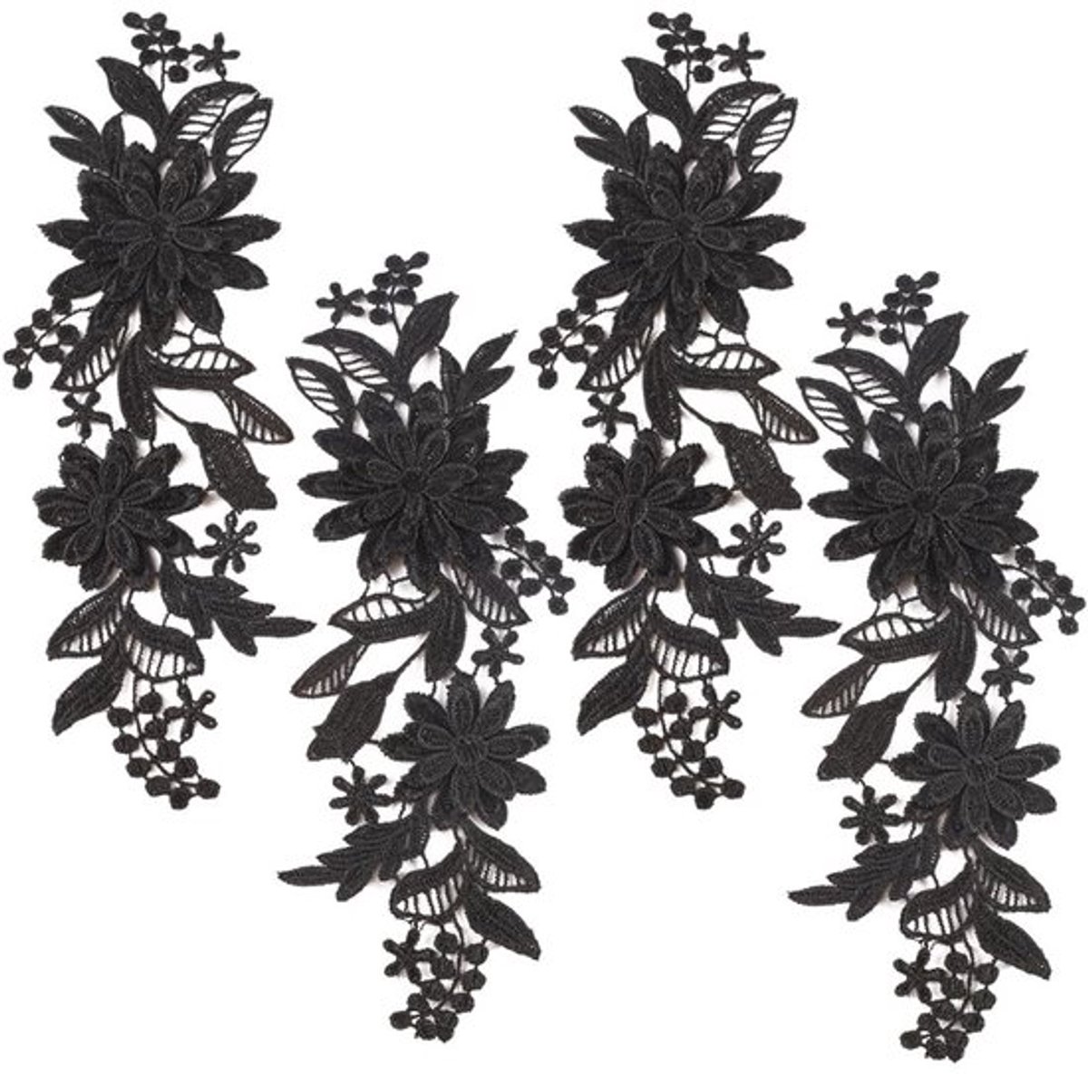 Onf3 - 3D-geborduurd - Bloemen-kanten applicatie - 4 stuks - Zwart