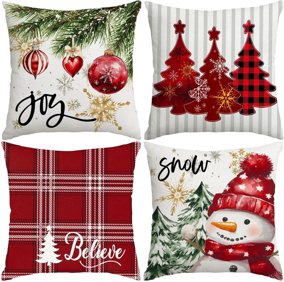 Decoratieve Kerst Kussenhoezen 45 x 45 cm, Set van 4 met Boerderijthema, Rood Buffalo Ruit en Sneeuwman voor de Bank