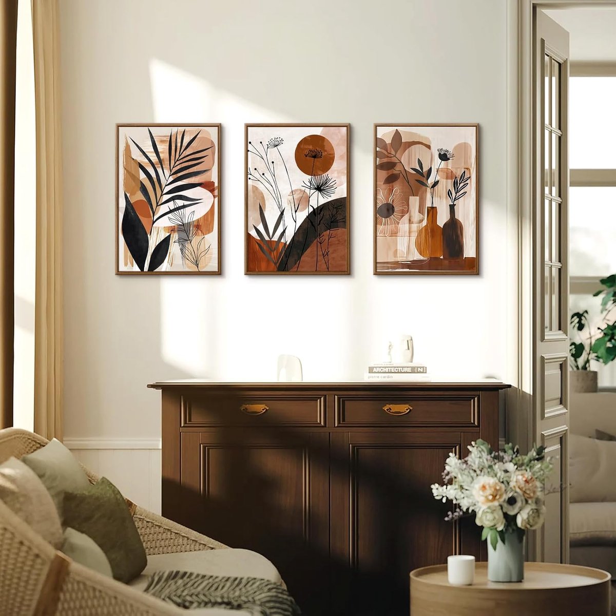 Set van 3 ingelijste doeken in boho-stijl met bruine botanische bladeren, minimalistische illustratie voor huisdecoratie voor slaapkamer, woonkamer, kantoor, 40 x 60 x 3 cm — cadeau in Wonen & Interieur - foto 2
