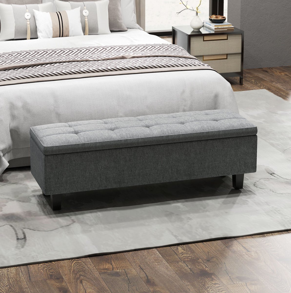 STILVORA Bedbank 138 x 40 x 45 Cm - Met Verborgen Opbergruimte En Getuft Zitvlak - Voor Slaapkamer En Hal - Linnenlook Donkergrijs