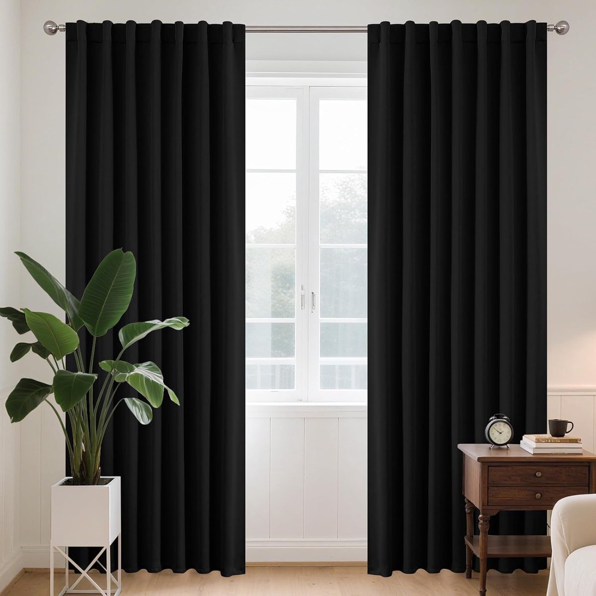 Gordijnen met verborgen lussen, set van 2, H 228 x B 117, zwart, lang gordijn, thermische verduistering, stangdoorgang, gordijnen, blackout, ondoorzichtig, curtains, slaapkamer, woonkamer