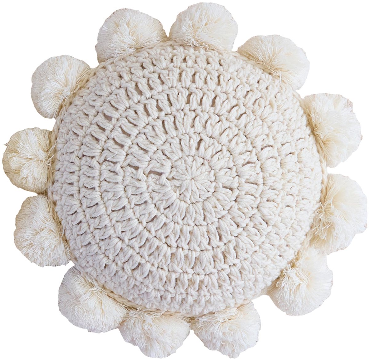 rond kussen gooien met schattige handgemaakte pompons kwasten 35 cm, decoratief rond gehaakt kussen voor bank, stoel, bed, beige