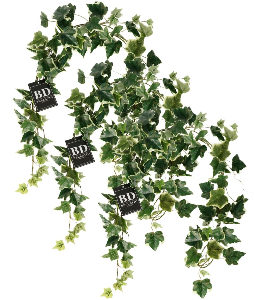 Bellatio Design kunstplant/hangplant slinger - 3x - Klimop/hedera - groen/wit - 180 cm - lang - planten guirlandes
