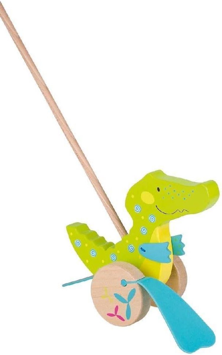 Schuifdier Krokodil - Houten Speelgoed - Motoriek Ontwikkeling - Zachte Wattenvoetjes - 20 x 9 x 18 cm - Groen