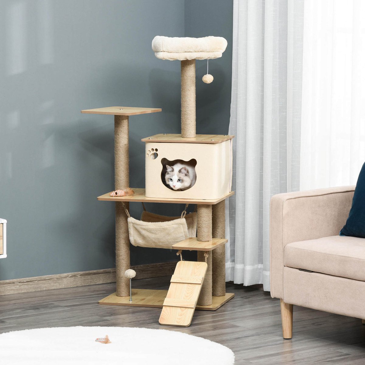 MEUNIQ Krabpaal 60 x 40 x 130 cm met kattenhuisje, hangmat, jute krabstammen, ligplatformen, ladder en speeltjes voor katten tot 5 kg, geel