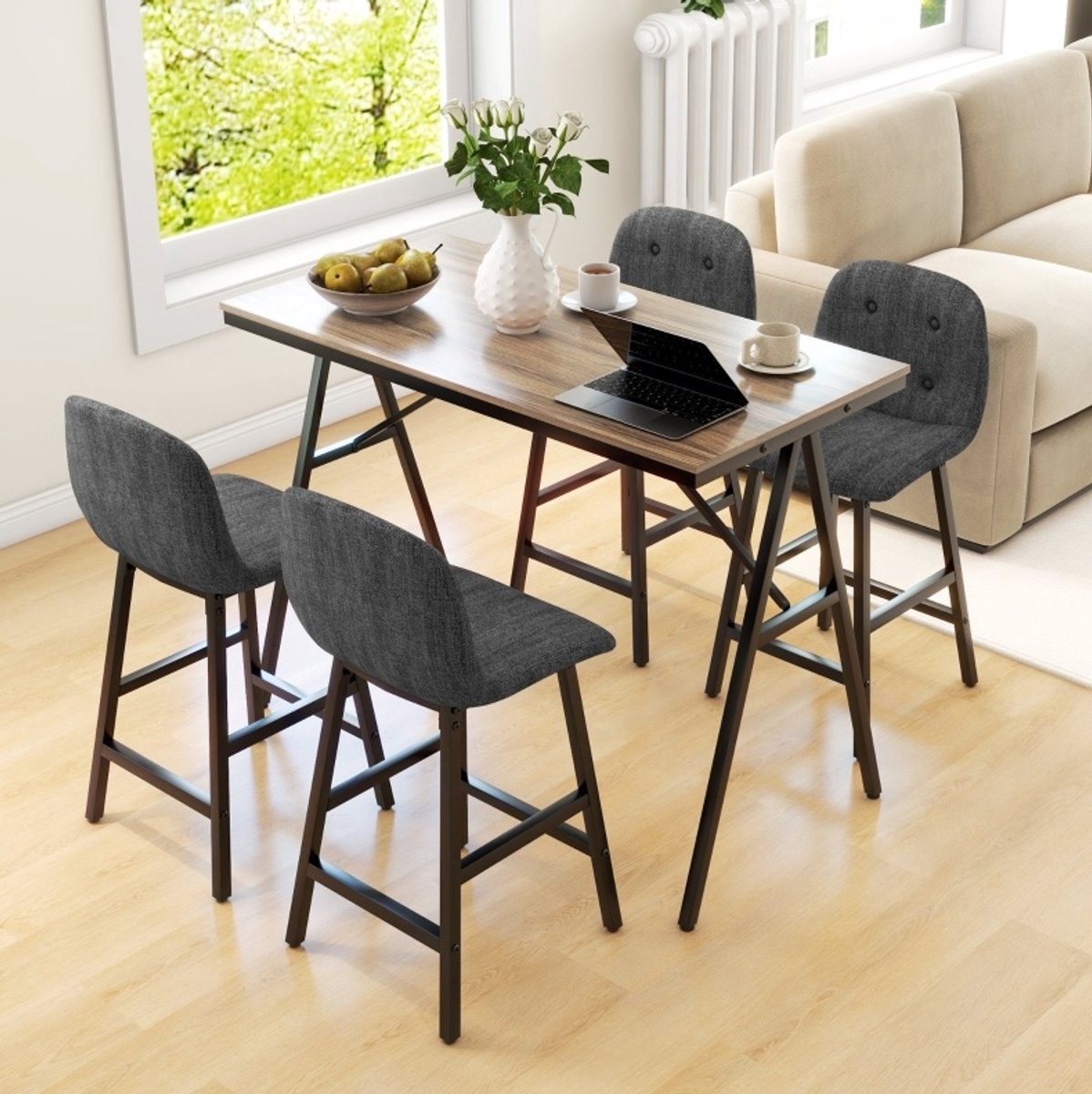 Wishdor - Bartafelset - 5-delig - Tafel en 4 stoelen - Industrieel - Keuken en eetkamer - Houtlook en metaal - Donkergrijs - 120 x 60 x 91 cm