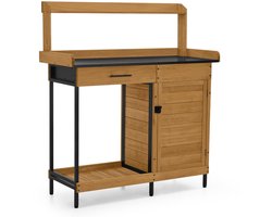 MCombo Planttafel met gegalvaniseerd werkblad en onderkast. Tuiniertafel van weerbestendig grenenhout, met 3 haken. Voor tuin, balkon en terras, 47 x 111 x 127 cm, natuurkleur, 2049