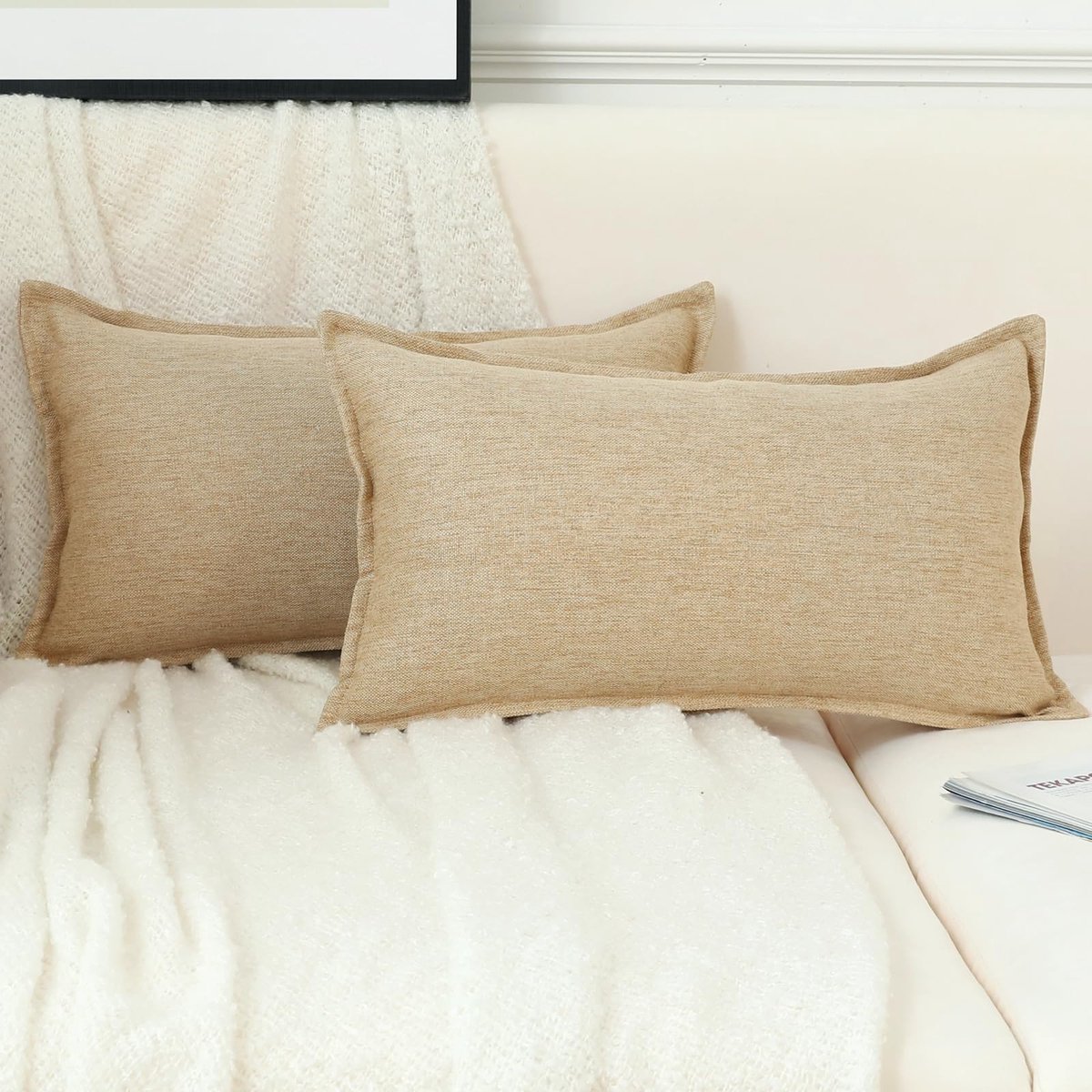 Set van 2 Linnen Lumbale Kussenslopen 12x20 Inch Licht Tan Decoratieve Rechthoek Kussenhoezen voor Woonkamer Bank Bed Sofa Rustieke Boerderij Boho Home Decor