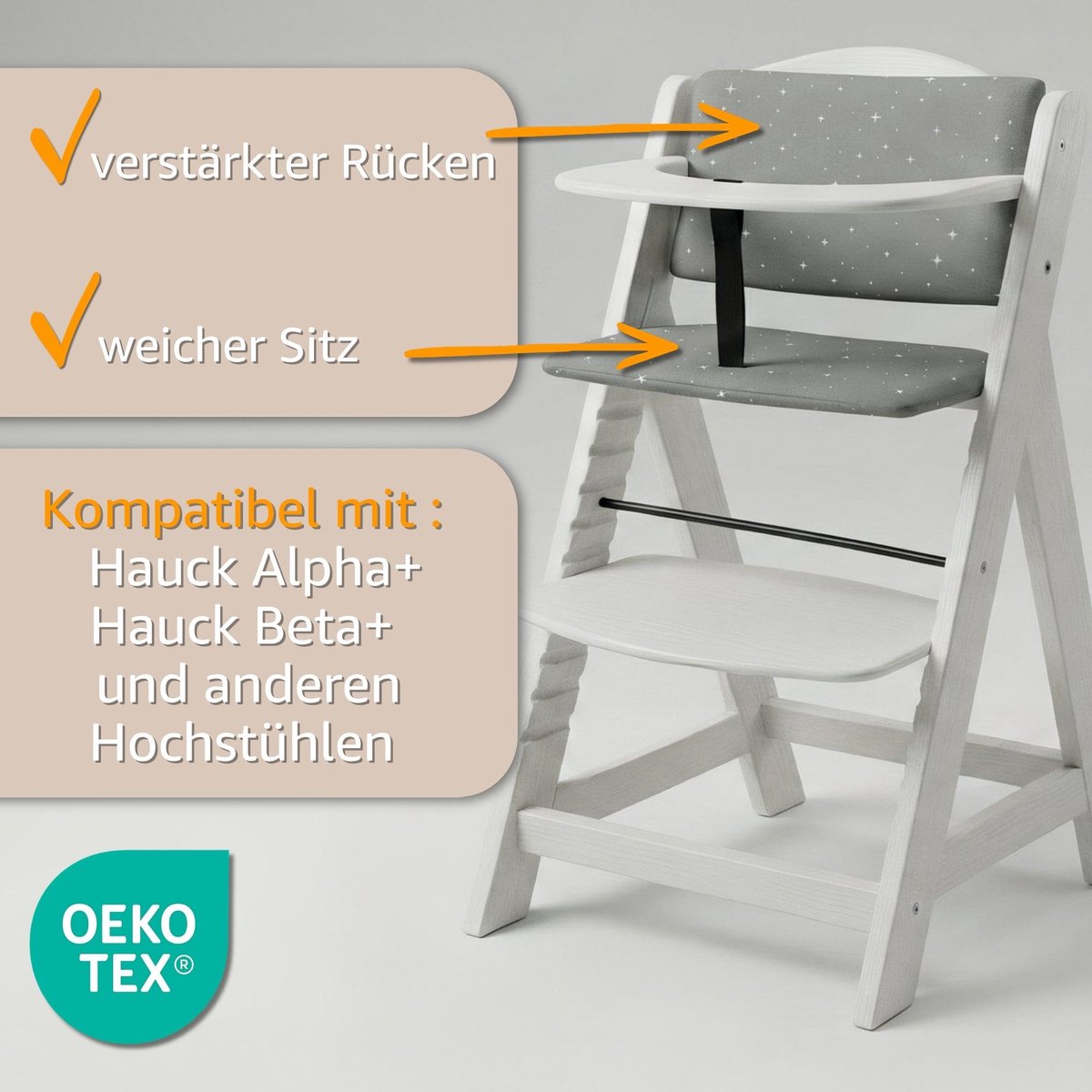 Stoelverkleiner Kinderstoel Kussen Baby Zitkussen - 2-delig - Stoelkussen voor Hauck Stokke Hoge Babystoel Trapstoel Waterafstotende Bekleding Oeko-Tex certificaat Grijs – foto 3