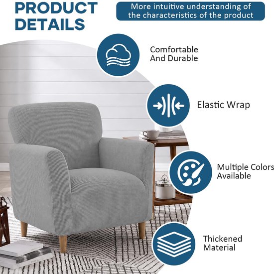 Stoelhoes met armleuningen, stretch, elastische stoelhoes van jacquard-gebreide stof, universele stoelhoes voor oorfauteuil en clubstoel, wasbaar, bescherming tegen vlekken en slijtage (lichtgrijs) — afbeelding 4
