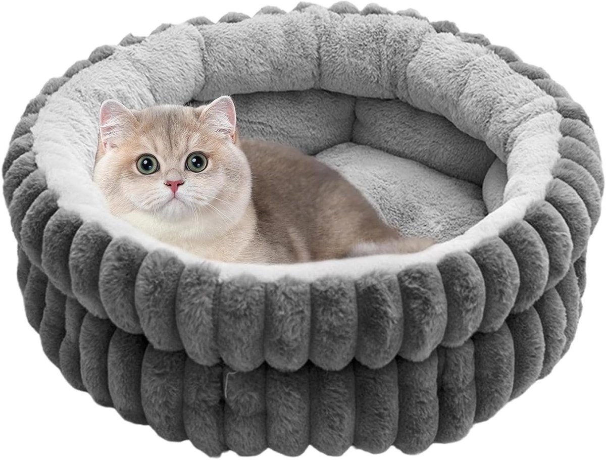 Kattenbed Pluche - Hondenmand Rond - Rustgevende Slaapplek - Zachte Pluisvrije Stof - 40x40x8 cm - Grijs
