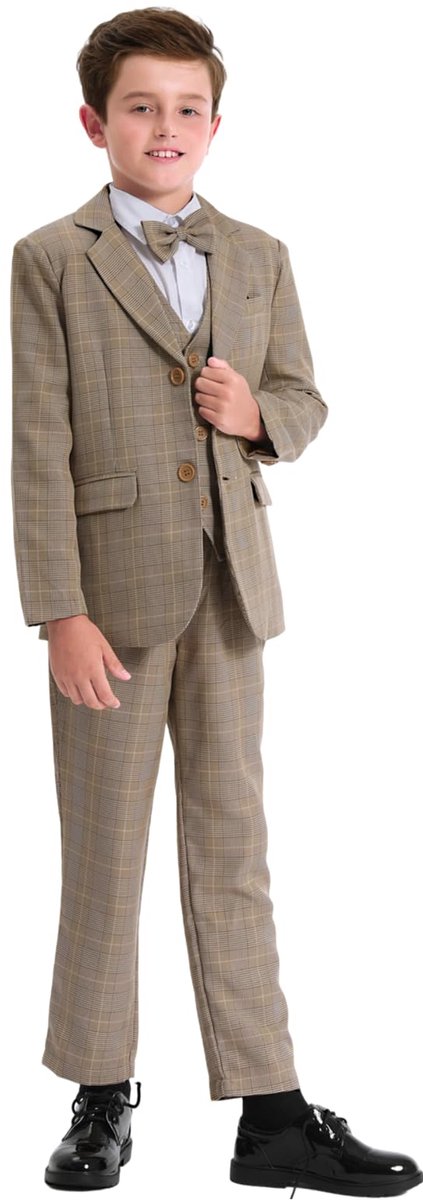 mintgreen 6-delige Jongenspakken Set, Blazer & Broek & Gilet & Overhemd & Stropdas met Pochet, 7-12 Jaar