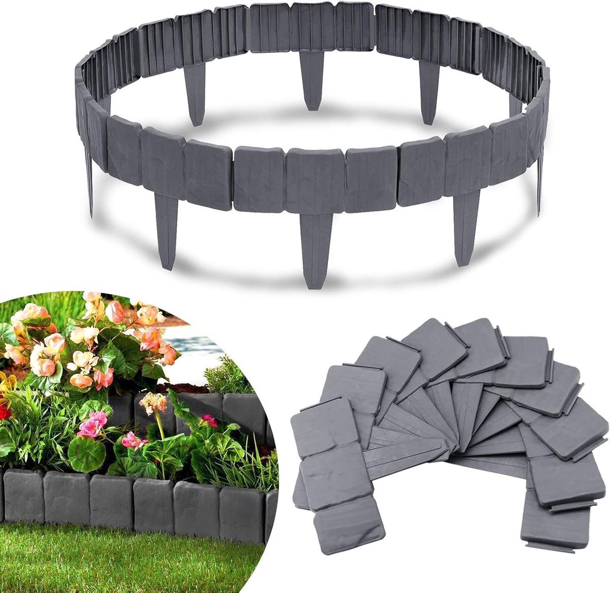 Kunststof Gazonrand - Bloembedomranding Tuinhek - Tuin Verfraaien - Flexibele Steenlook - 75 m - Antraciet