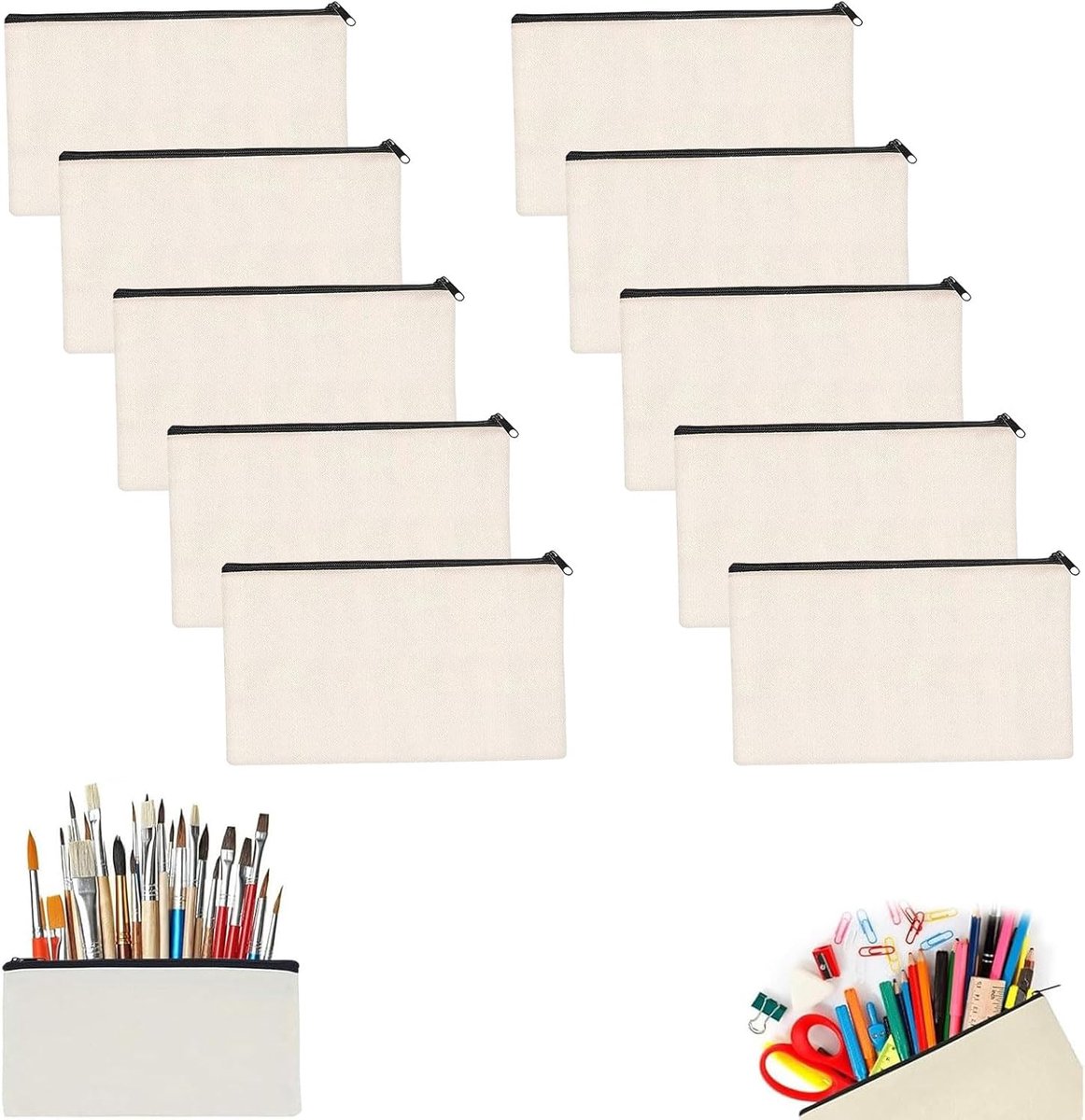 tas met ritssluiting, make-uptas, canvas, stoffen tas, blanco, doe-het-zelf blanco stoffen zakjes, pennenetui, doe-het-zelf stoffen etui, voor werk, school, reizen, 10 stuks