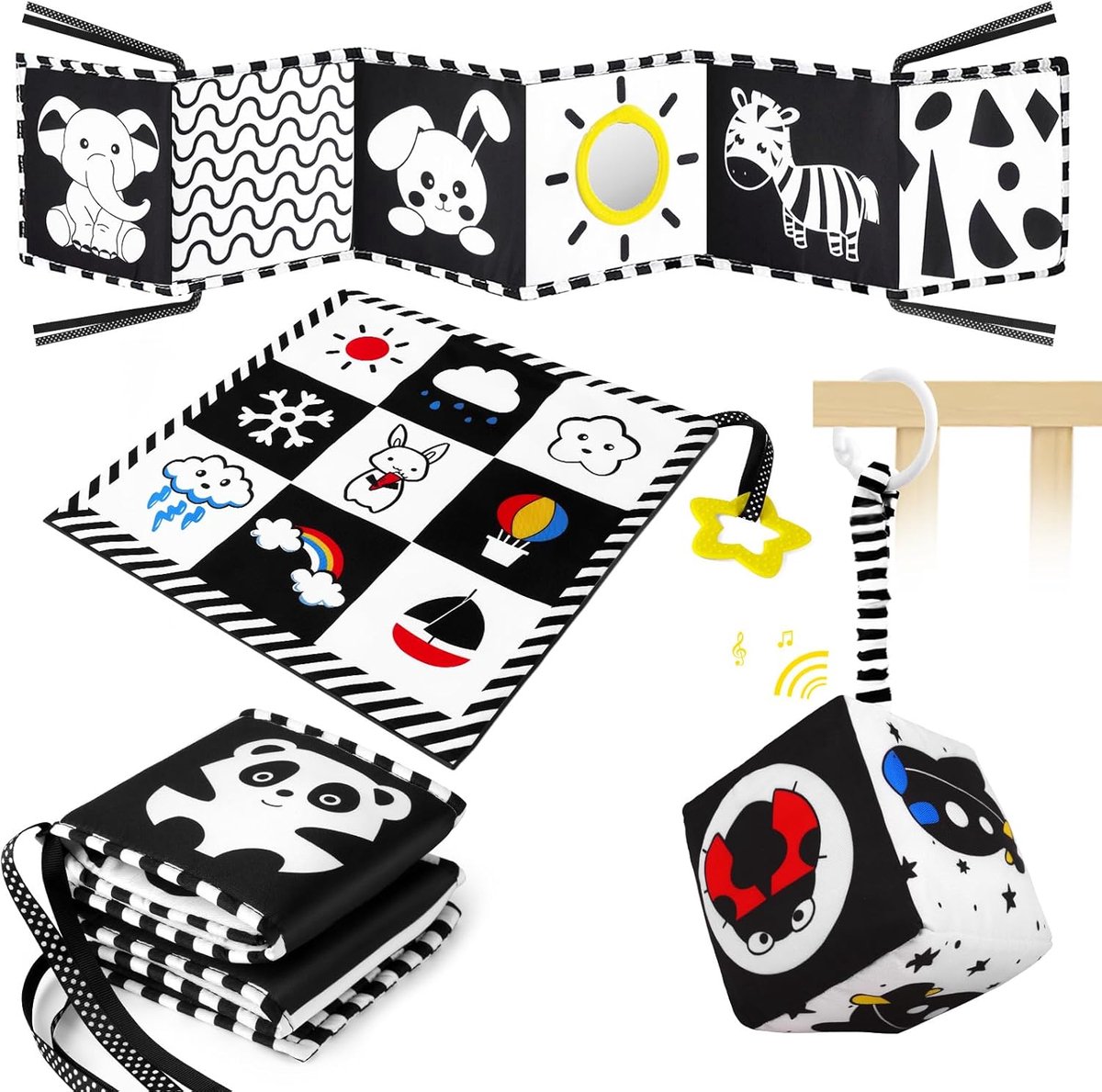 Zwart Wit Hoog Contrast Baby Stoffen Boek Set - Vouwbaar Zacht Visueel Stimulerend Stoffen Boek met Ritsel Geluid Spiegel Hangende Kubus - Montessori Zintuiglijk Leerspeelgoed voor Pasgeborenen 6-18 Maanden Baby Cadeau