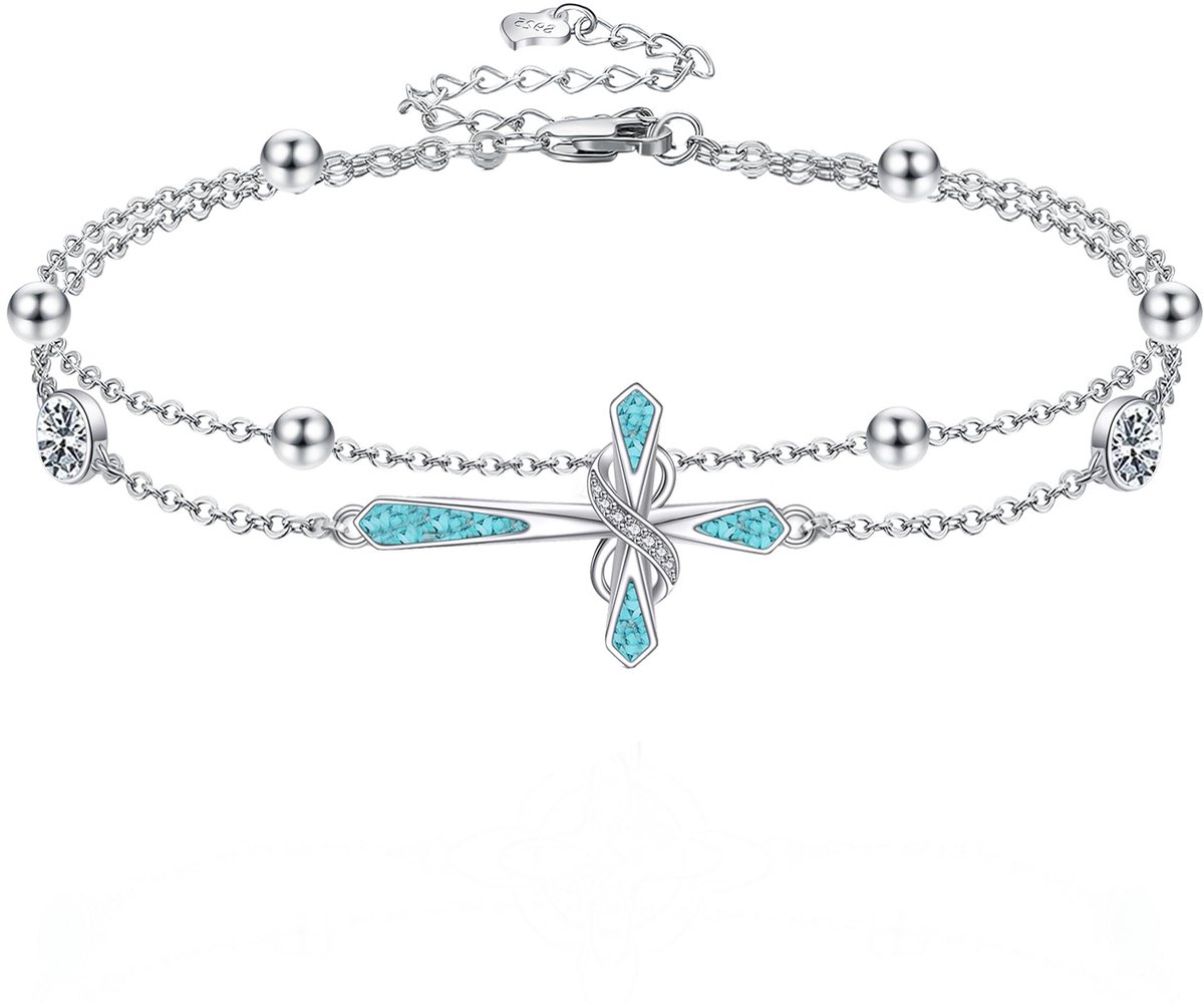 Kruisarmband van sterling zilver, oneindigheidskruis, meerlaagse schakelketting, verstelbare armband, geluksbrenger, geboortesteen, sieraden voor dames, vrouwen, moeders