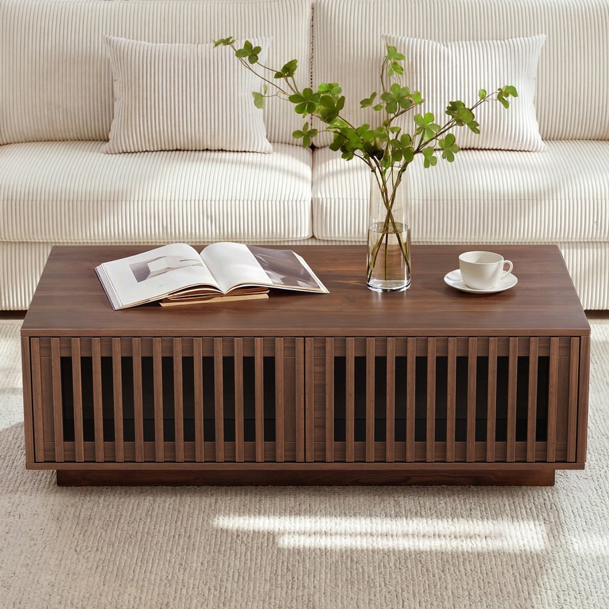 KOMHTOM Salontafel - Rechthoekig - Walnoothoutkleur - 2 Deuren met Opbergruimte - Spaanplaat MDF - Woonkamertafel - Koffietafel - 100x50x35cm - Belastbaar tot 50kg