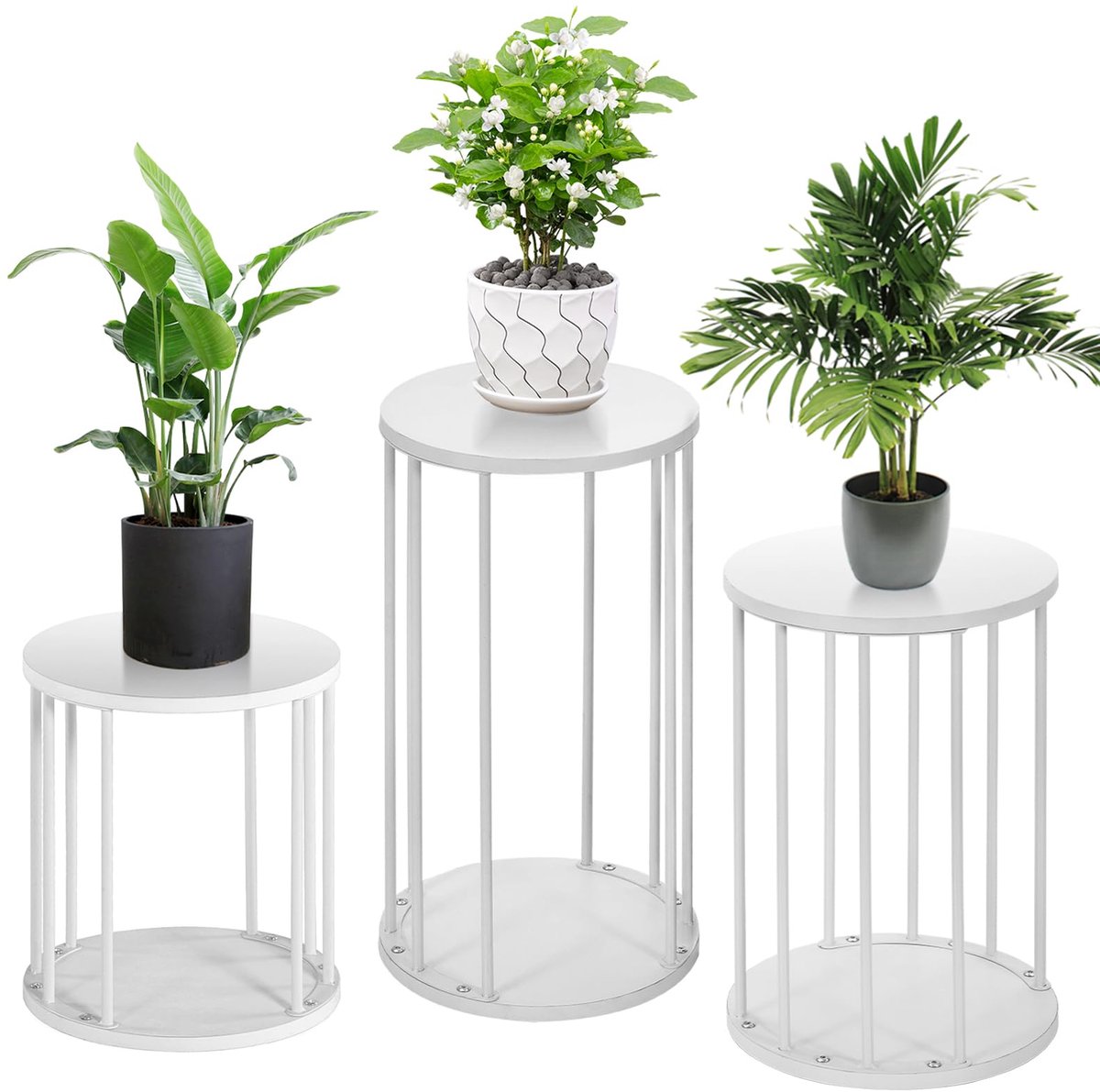 Plantenstandaards van metaal 35/45/55 cm, stevige en robuuste bloemenstandaard voor woonkamer, tuin, balkon, houten bloemenbankje, wit