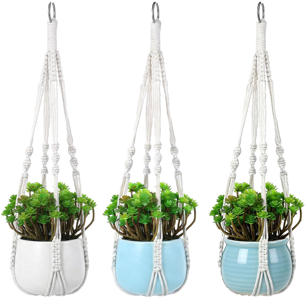 Set van 3 macramé plantenhangers, hangende plantenhouder voor binnen met decoratieve houten kralen, 53 cm, geen kwastjes, hangende plantenbakken voor kamerplanten, boho, woondecoratie (potten