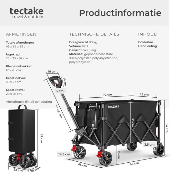 tectake® Bolderkar - Opvouwbaar - 80 kg Draagkracht - Draaibare Massieve wielen met Rem - 45 x 88 x 95 cm - Bolderkarren - Bolderwagen - Met Verstelbare Duwstang - Handkar - Waterafstotende Transportwagen - Met Legplank en Binnenvak van Merkloos — afbeelding 4