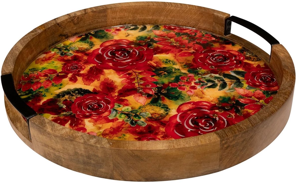 Dienblad Rose rouge - 35x4 - Metaal & Epoxy - Exclusieve homeware voor binnenshuis - Handgemaakt - Unieke print - Ontworpen door Lammie
