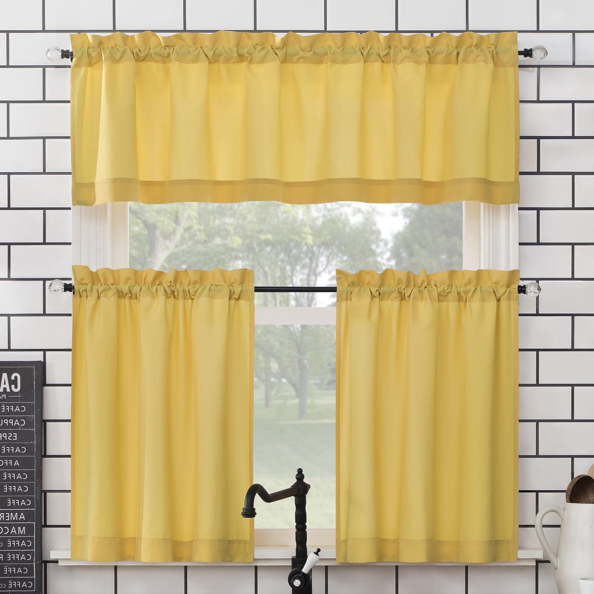 918 Martine Microvezel semi-transparante staaf zak keuken gordijn volant en lagen set, 54" x 45", geel