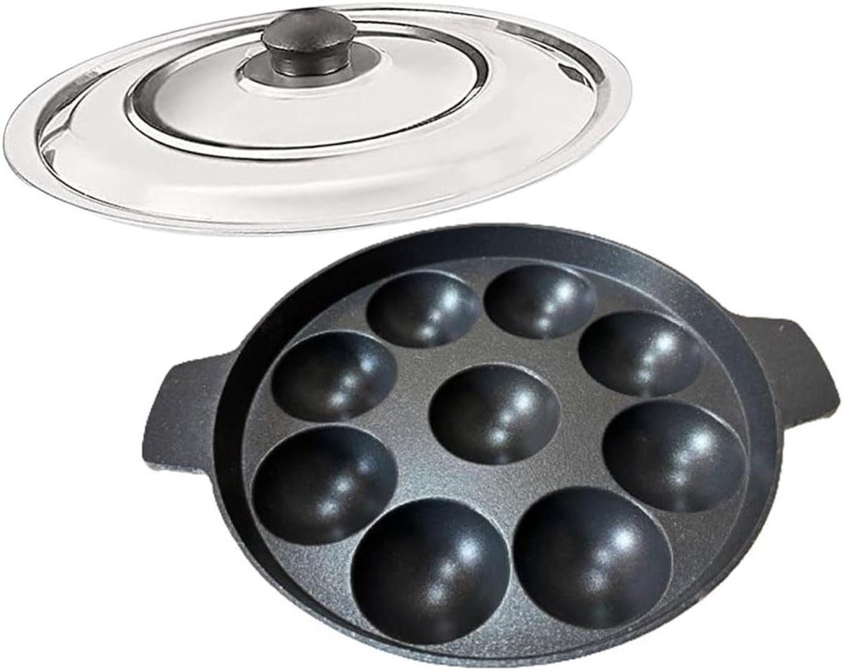 Appam Pan - Appam Maker - Klassieke Appams Maken - Antiaanbaklaag - 9 Pits - Zwart
