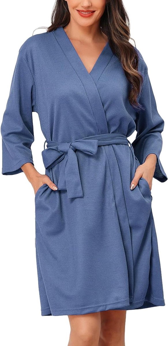 Dames Kimono - Badjas Kamerjas - Ontspannen Thuis - Wafelpatroon - Knielengte - Wit