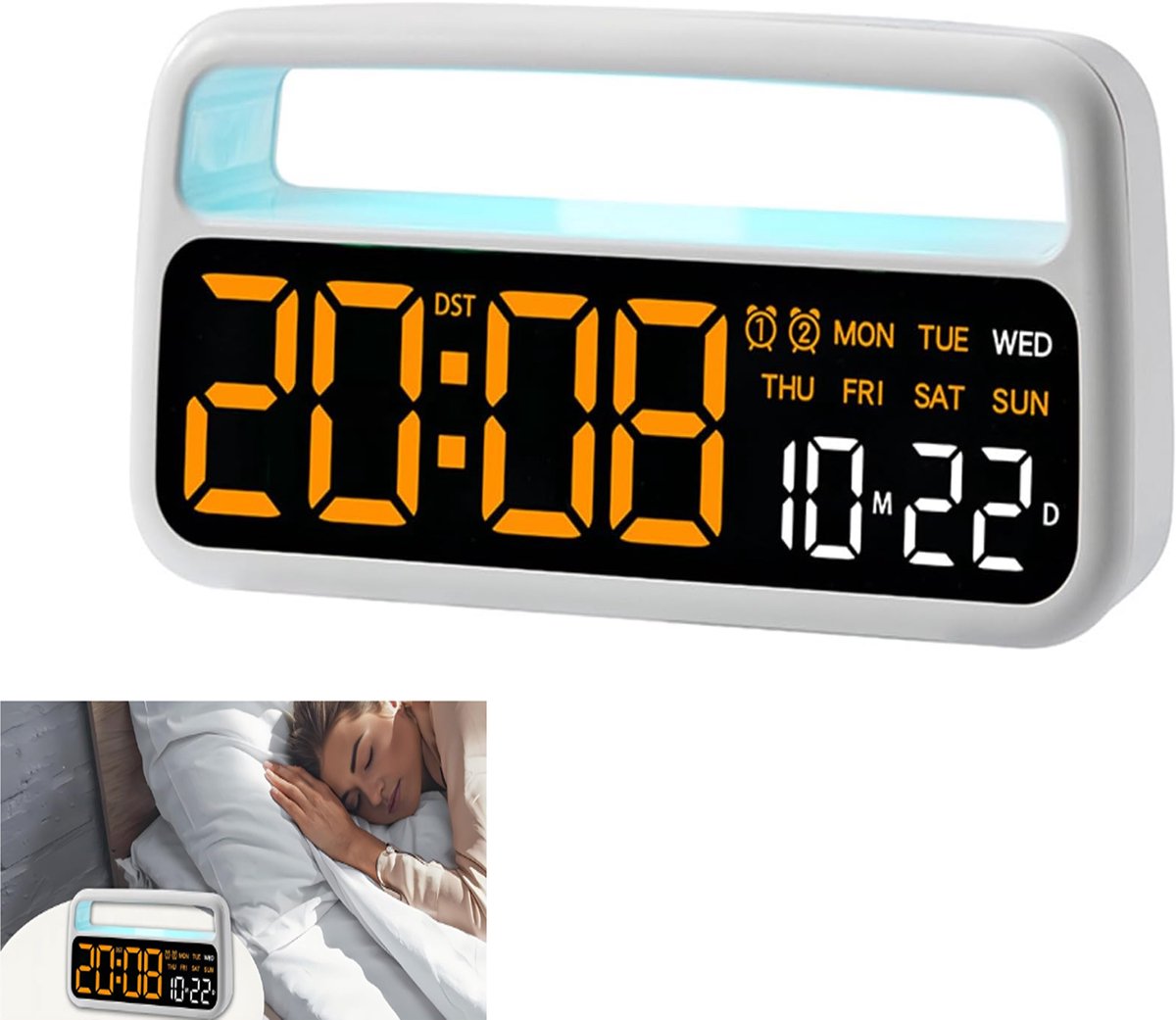 KZQ Multifunctionele digitale wekker met dubbele alarm en sfeerverlichting - Datum week en 3 helderheidsniveaus - Voor woonkamer en slaapkamer - Wit met oranje verlichting