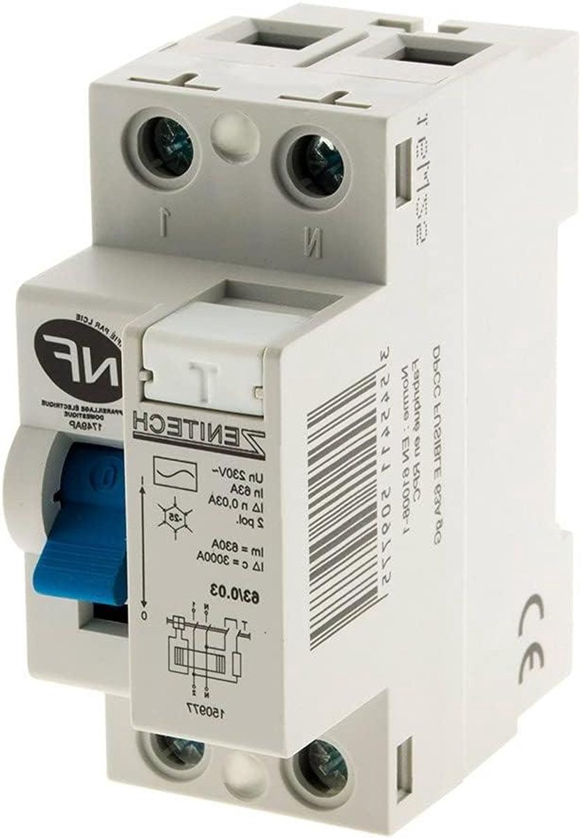 Differentieelschakelaar - Stroomonderbreker RCD - Elektrische Beveiliging - Type AC 30mA - 2 Modules - Grijs