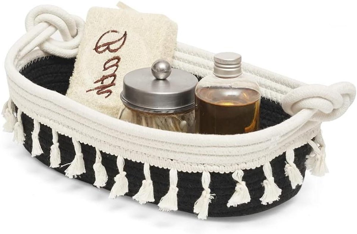 Katoenen Opbergmand - Decoratieve mand - Organiseren - Handgeweven design - 30 x 15 x 12 cm - Zwart
