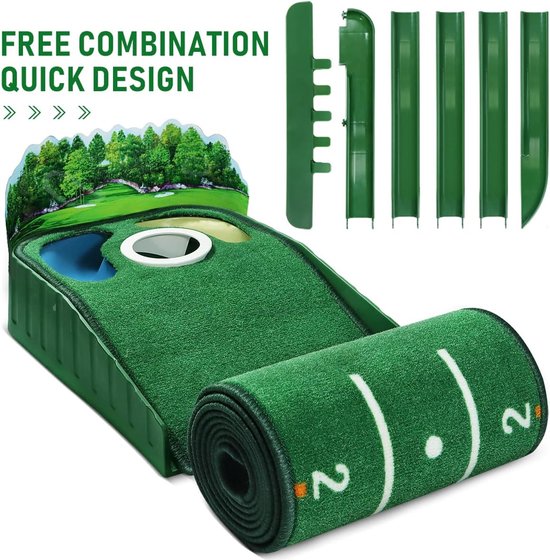 Golf Putting Mat - Oefenmat Golf - Golfvaardigheden Verbeteren - Met Bunker en Waterhindernis - 9 voet lang - Groen van GOLF — afbeelding 5
