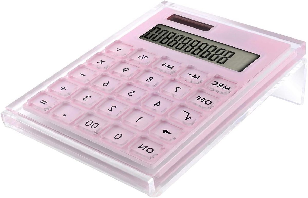 Rekenmachine Acryl - Desktop Calculator - Thuis Kantoor - Hybride Aangedreven - 12 Cijfers - Roze