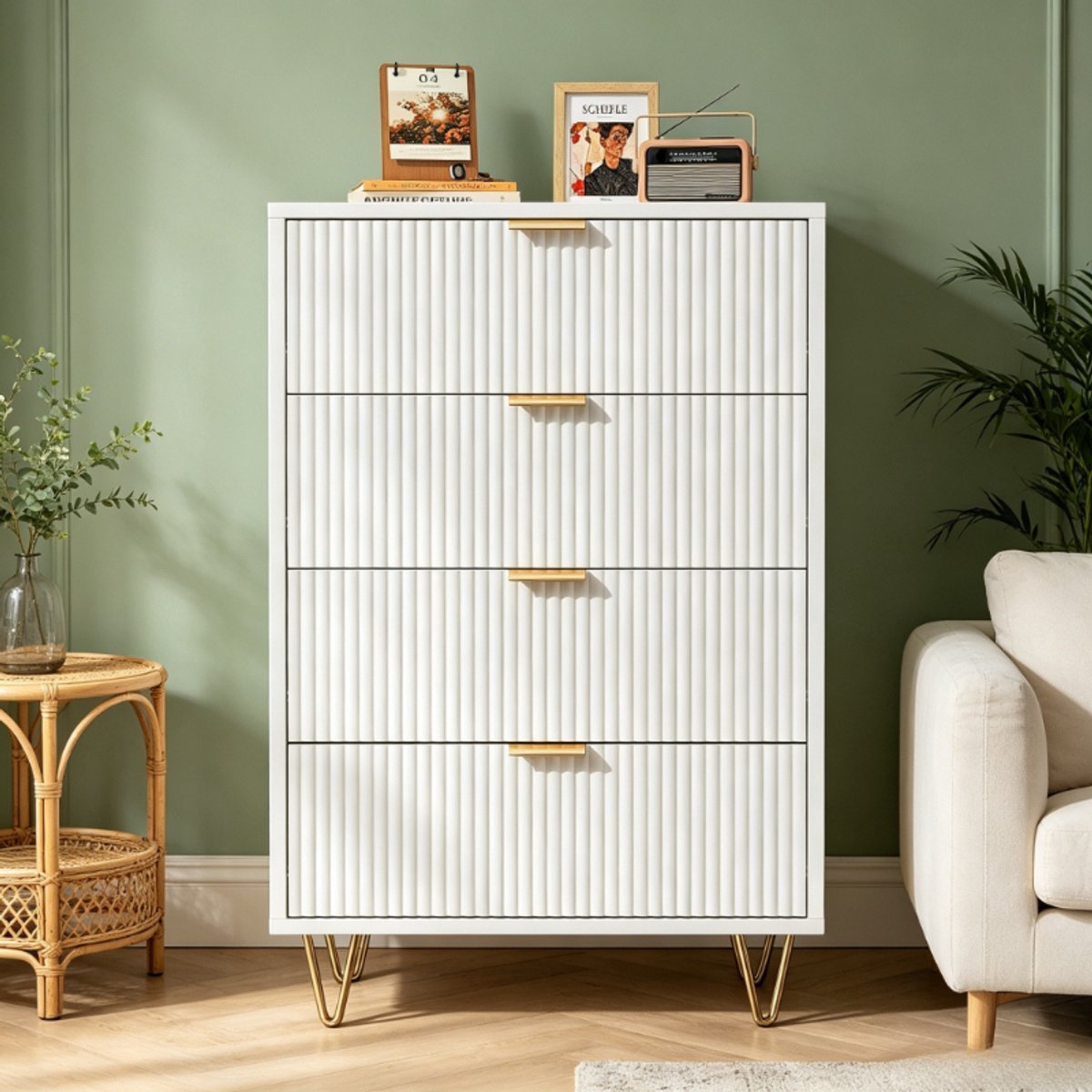 Ladekast 4 lades 60x34x91 cm, commode, opbergkast, dressoir, kast met golvend design, gouden metalen poten, wit